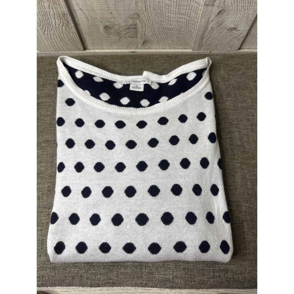 Liz Claiborne XL Womens White Black Polka Dot Pattern Cotton Sweater Top - Picture 3 of 7